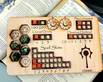 Deluxe Handmade Laser Cut Wooden Cleric Class Board for Dungeons and Dragons. Dice, Stats, Abilities, and Trackers with dice slots