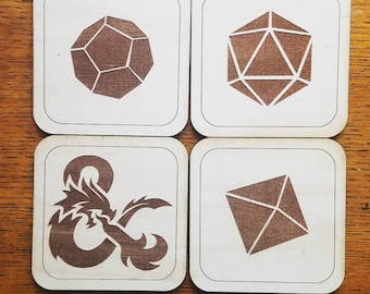 Handmade Dungeons and Dragons Themed Wooden Coasters (Set of 4 Coasters)