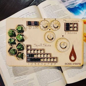Deluxe Handmade Laser Cut Wooden Sorcerer Class Board for Dungeons and Dragons. Dice, Stats, Abilities, and Trackers with dice slots