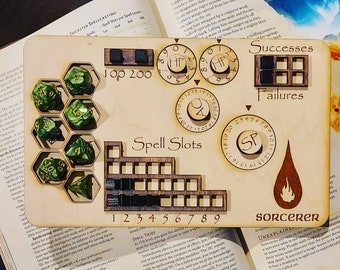 Deluxe Handmade Laser Cut Wooden Sorcerer Class Board for Dungeons and Dragons. Dice, Stats, Abilities, and Trackers with dice slots