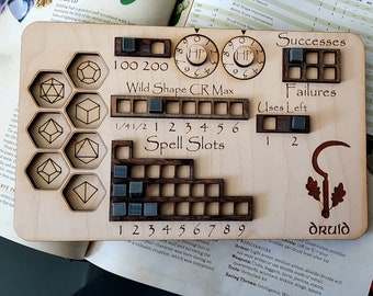 Deluxe Handmade Laser Cut Wooden Druid Class Board for Dungeons and Dragons. Dice, Stats, Abilities, and Trackers with dice slots