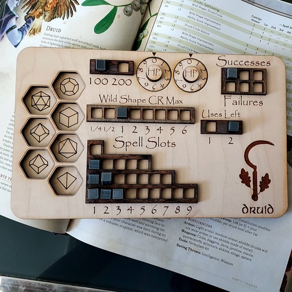 Deluxe Handmade Laser Cut Wooden Druid Class Board for Dungeons and Dragons. Dice, Stats, Abilities, and Trackers with dice slots