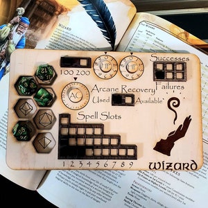 Deluxe Handmade Laser Cut Wooden Wizard Class Board for Dungeons and Dragons. Dice, Stats, Abilities, and Trackers with dice slots