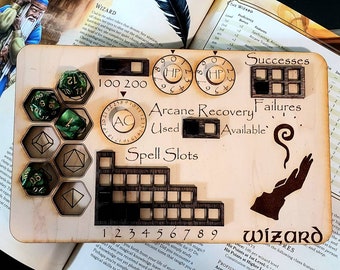 Deluxe Handmade Laser Cut Wooden Wizard Class Board for Dungeons and Dragons. Dice, Stats, Abilities, and Trackers with dice slots