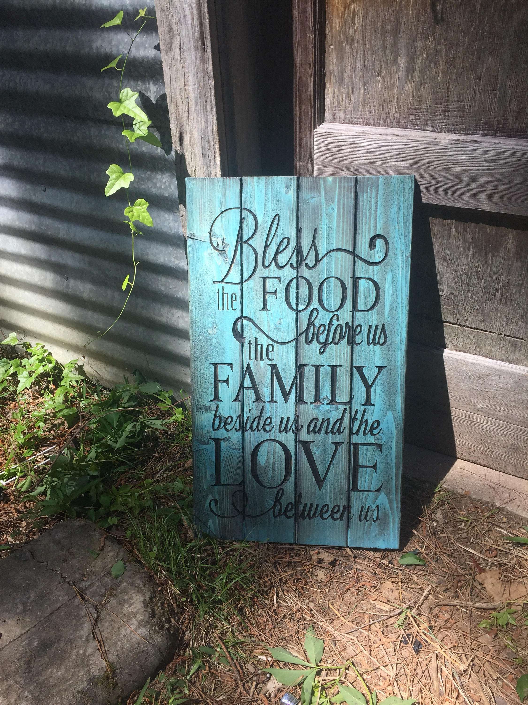 Carved Bless the Food Family Prayer - Rustic teal decor - family blessing - dinning room decor