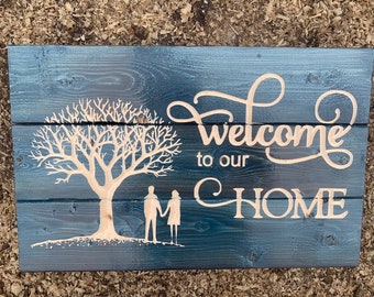 Carved Welcome to our Home Sign -Tree - house warming -our first home