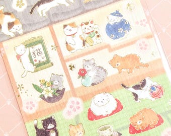 Niedliches Ryokan-Kätzchen | Stickerbogen | Goldfolie | Strukturpapier | FORON | Hergestellt in Japan | Traditionelles Hotelzimmer mit gemütlichen, kuscheligen Kätzchen