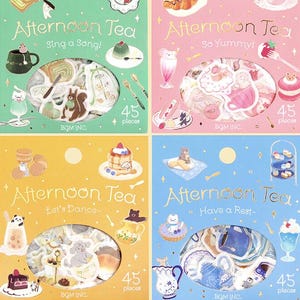 Thé de l'après-midi | 1 ou 4 pièces | Musique d'ambiance | Sac d'autocollants en papier Washi | Détails sur l'or | Journal stationnaire | Café Café Desserts Brunch