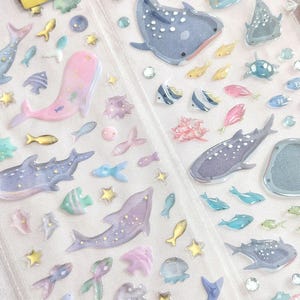 Shark Whales Dolphins | 1 or 2 pcs Set |  3D Resin Stickers | ACTIVE Corp | Gold Foil with Glitter | Japan Delicate Kawaii Design