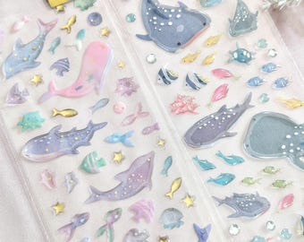 Shark Whales Dolphins | 1 or 2 pcs Set |  3D Resin Stickers | ACTIVE Corp | Gold Foil with Glitter | Japan Delicate Kawaii Design