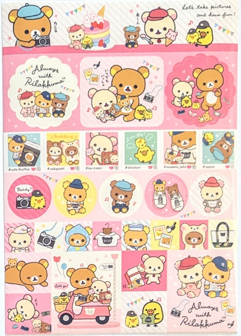 May include: A sheet of stickers featuring Rilakkuma bear characters in various poses. The stickers include images of the bear with cameras, ice cream, and other accessories. The color palette is primarily pink, white, and brown.