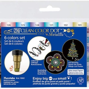 Zestaw 6 kolorów Kuretake Zig Clean Color DOT Metallic - Podwójne końcówki - 1,0 mm i elastyczna końcówka punktowa Wyprodukowano w Japonii - WYPRZEDAŻ