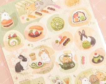 Niedlicher Matcha-Tee mit Hasenmotiv | Stickerbogen | Goldfolie | Strukturpapier | FORON | Hergestellt in Japan | Traditionelle Matcha-Süßigkeiten | Gemütliche Deko