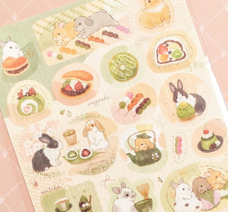 Cute Bunny Matcha Tea | Sticker Sheet | Gold Foil| Textured Paper ...
