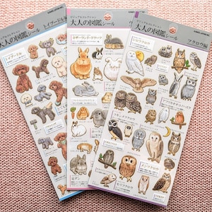 Tiere | Enzyklopädie Theme | Kamio Stickerbogen für Erwachsene aus Japan | Zwergpudel Eulen Hase