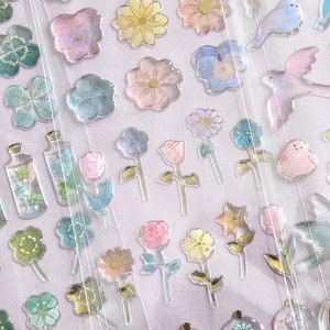 Klee - Blumen - Vögel | 3D Resin Sticker | ACTIVE Corp | Goldfolie mit Glitzer | Japan Zarte Kawaii Design