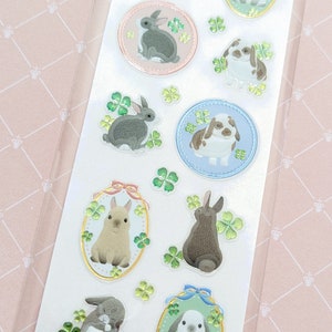 Lapins aux trèfles porte-bonheur | Embellissements en résine | Feuille d'autocollants | Washi japonais délicat | FORON| Fabriqué au Japon