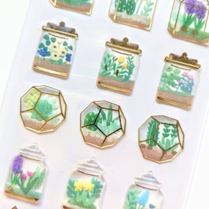 Terrarium de cactus | Autocollants 3D en résine | Société ACTIVE | Feuille d'or avec paillettes |
