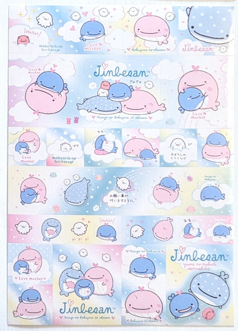May include: A sheet of stickers featuring cartoon whales in pink and blue, with clouds and stars on a pastel background. Text includes "Hello!", "Love mother", and "Jinbesan".