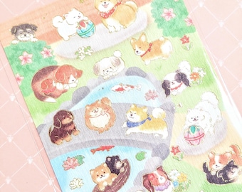 Garten für kleine Hunde | Stickerbogen | Goldfolie | Strukturpapier | FORON | Hergestellt in Japan | Traditioneller Park | Gemütliche, kuschelige Welpen