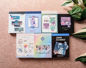 May include: Eight colorful square cards with illustrations and text. The cards feature a variety of designs, including a rainbow, a group of people, a girl with a butterfly, a girl with a drink, a girl with a cat, and a girl with a music player. The text on the cards includes "Rainbows", "Fun", "Walnuts", "1999", "Error Occurred", and "Young Kojin".