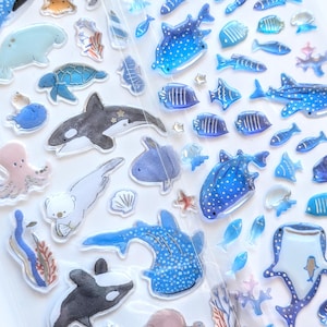 Aquarium Whales | 1 or 2 pcs Set |  3D Resin Stickers | ACTIVE Corp | Gold Foil with Glitter | Japan Delicate Kawaii Design