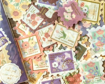 Post Office Stamp Sticker Pack | Die cut Washi | BGM | Washi Sticker Sack | Gold Foil | Flowers florals gardener