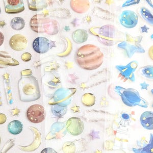 Observation des étoiles dans l'espace | Autocollants 3D en résine | Société ACTIVE | Feuille d'or avec paillettes | Design Kawaii délicat du Japon | Astronautes Planètes Lunes