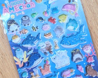 Ocean Mammals | Amechan Resin Glitter 3D Sticker Sheet | QLIA Japan | for Birthday Crafts Scrapbooks Penpals Planners Crafting Gifts