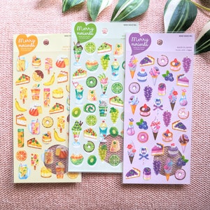 Frohe Merienda Snacks | 1 oder 3 Teiliges Set | MINDWAVE | Stickerbogen | Goldakzente | Schreibwaren Journaling | Sommer Dessert | Banane Kiwi-Traube