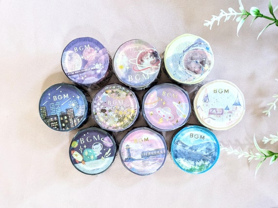 Purple -ish Washi Tapes | Pick 1 | 15 20 30mm |  BGM | Gold Silver Accents | Space Scenery Planets Mountain Views | Limited Quantity