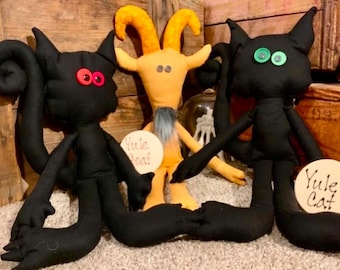 Winter Solstice Decoration: Handmade Yule Goat/Cat  Julbock/Jólakötturinn Raggedy Plushie Doll
