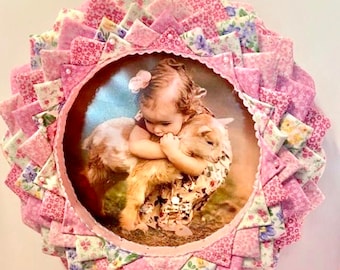 Quilted Picture Frame With Little Girl and Baby Goat