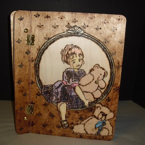 Victorian Little Girl & Her Teddy Bears Woodburned Memory Book