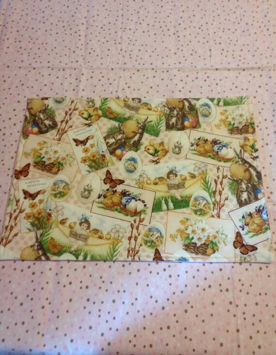 Set of 6 Reversible Easter Pastel Easter Bunny /& Eggs Placemats with Yellow Backs