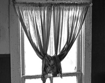 Fine Art Photograph Vintage Window Black And White Curtains Print - Wall Art