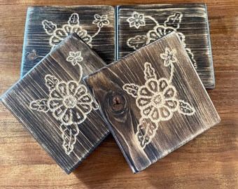 Handmade imperfect rustic pine coasters set of 4 engraved flowers drink cup holder tea beer mat table protector reclaimed wood