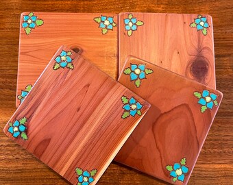 Handmade imperfect cedar coasters set of 4 with unique engraved, flowers on reclaimed wood drink cup holder tea beer table protector