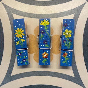 Set of 3 handpainted, snack, chip, bag, food, clip, photo, display, holder, note, magnet, refrigerator, colorful, flowers, multi color clamp