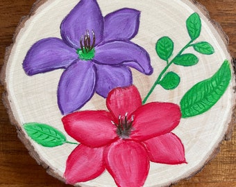 Hand painted, flower, decor, refrigerator, display, party, favor, magnet, kitchen, colorful, wooden, rustic, red, purple, unique, custom