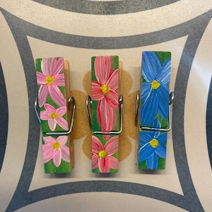 Set of 3 handpainted, snack, chip, bag, food, clip, photo, display, holder, note, magnet, refrigerator, colorful, flowers, multi color clamp