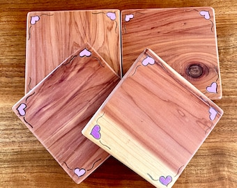 Handmade imperfect cedar coasters set of 4 unique engraved, light purple hearts drink cup holder tea beer table protector on reclaimed wood