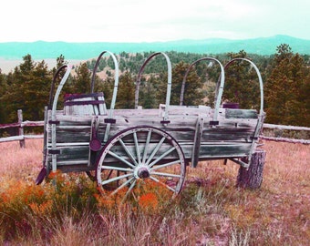 Old Wagon Photography Print Rustic Wagon Fine Art Rustic Colorful Scenery Black and White Wagon Wheels Wall Art