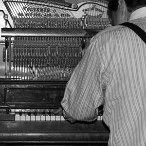 Piano Player, Fine art photograph, vintage piano photography, black and white photo, antique piano photography, instrument, music, keys