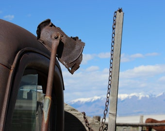 Fine Art Photograph Rustic Vintage Truck Snow Capped Mountains Old Rusty Side Mirror Print