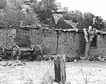 Old adobe shack and wagon, fine art photograph, black and white photography, landscape photo, antique adobe house, rustic, wall hanging