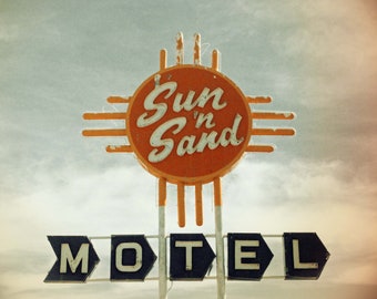 Sun 'n Sand motel sign, vintage photograph,  route 66, old photo, motel sign, sign, new mexico, southwest, desert, color, fine art, wall art