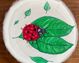 Hand painted, ladybug, decor, refrigerator, cute, display, party, favor, magnet, kitchen, colorful, plant, leaves, wooden, rustic, unique