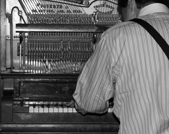 Framed in wood vintage piano player, fine art photograph, black and white, wall art, decoration, wall hanging, house warming, gift, wooden