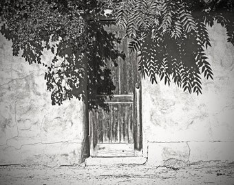 Vintage doorway, black and white photograph, fine art photo, home decoration, stucco wall, rustic, tree, shadow, wooden door, southwest